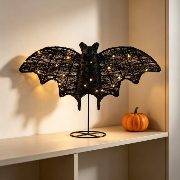 Halloween Lit Bat, 12Inch Black PET Lighted Bat Figurine, WingSpread Spooky Silhouette for Indoor Halloween Mantel & Table Display