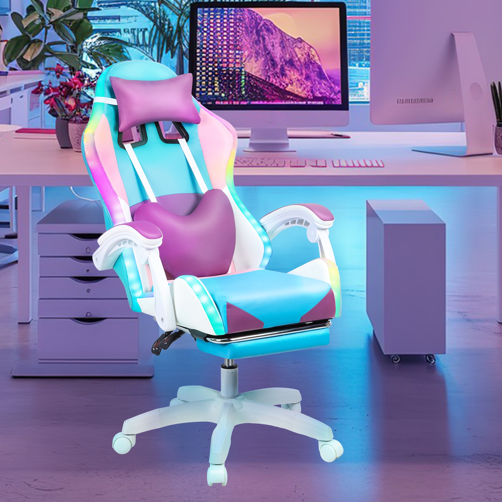Wliqien Gaming Chair with RGB LED Lights, Girl Video Chair, Ergonomic Computer Chair with Massage and Footrest, Reclining Video Game Chair for Adult