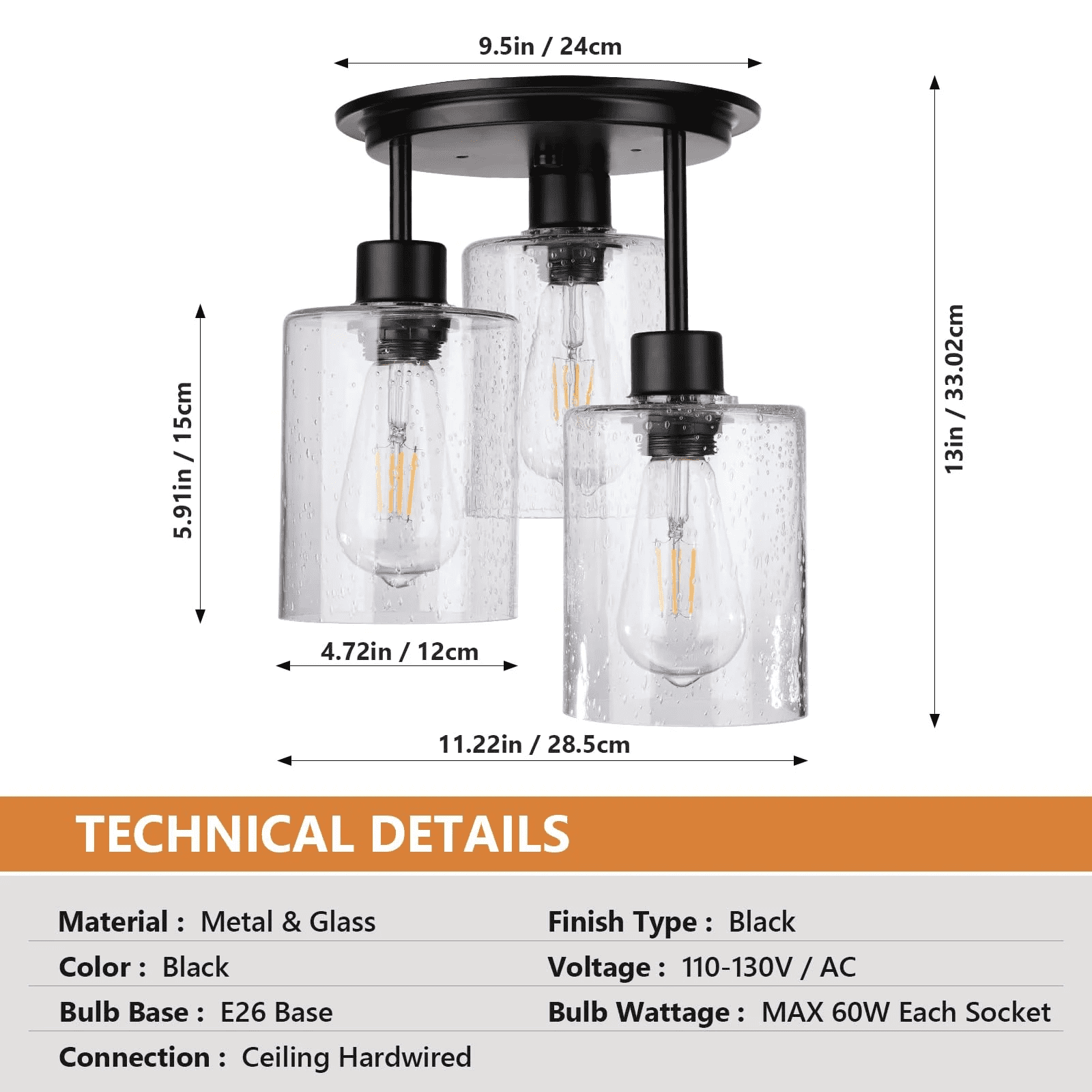 FRIDEKO HOME Semi Flush Mount Ceiling Light, 3-Light, E26 Base, Modern Black Finish Ceiling Light Fixtures with Seeded Glass Shades for Kitchen, Bedroom, Entryway, Hallway (Without Bulb)