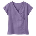 thumbnail image 4 of Craaazy Women Casual Tops Loose Fit Solid Color V Neck Wrap Front Short Sleeve Cotton Linen Blouses for Summer Gift, 4 of 6