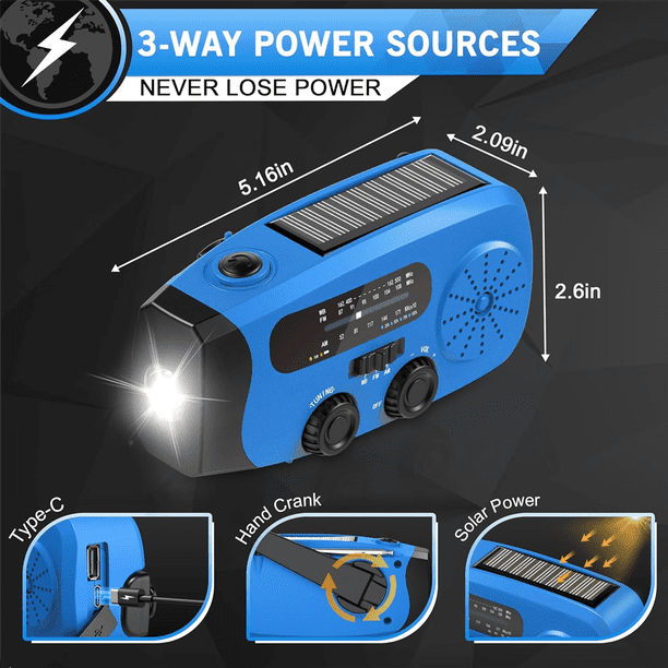 Radio solaire à manivelle 20000mAh, Bluetooth DAB/FM, torche/lampe
