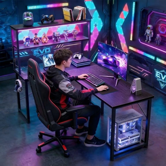 43 Inch L-Shaped Office Desk with Power Outlets, Gaming Desk with LED Lights for Home Office, Corner Computer Desk with Hutch, Black