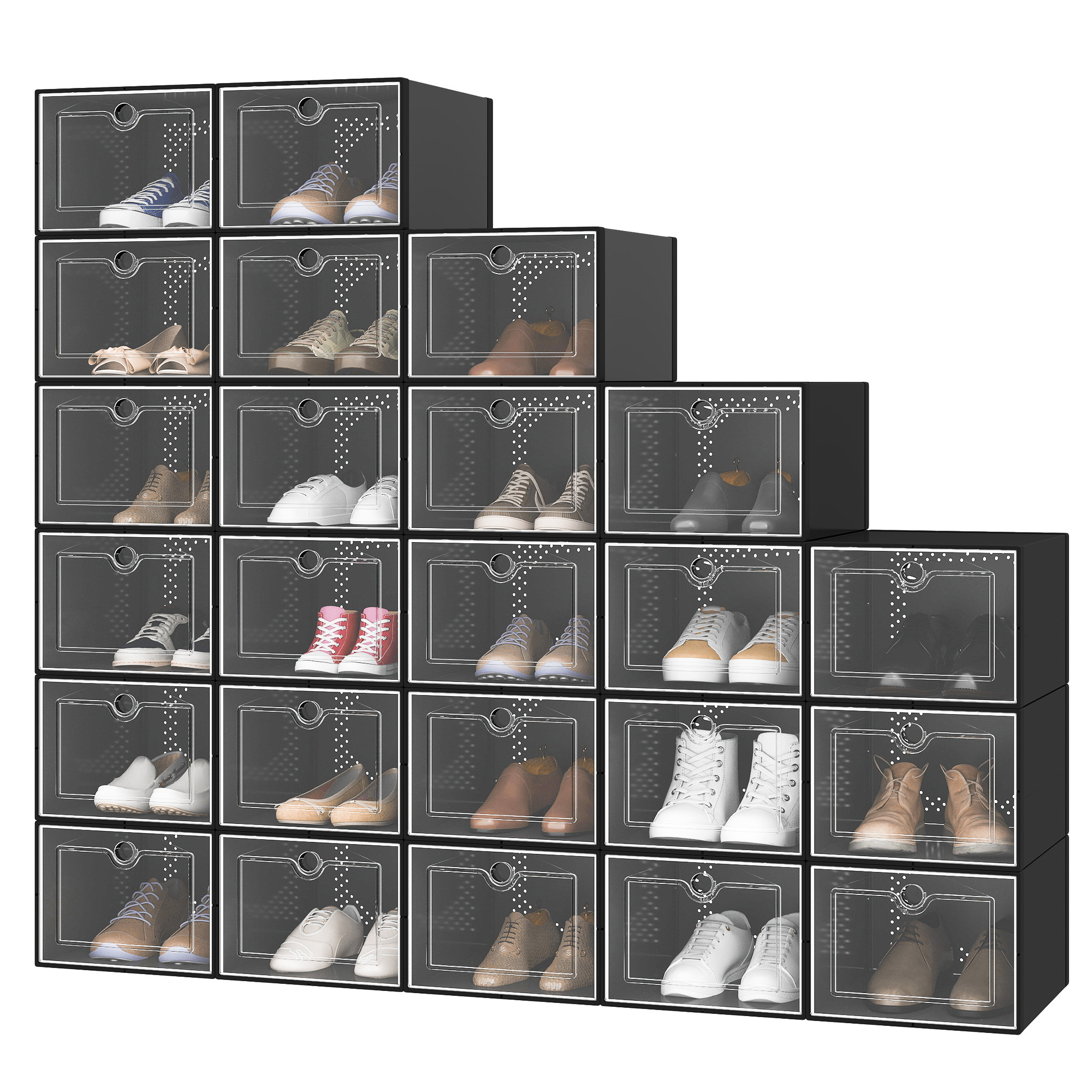 Uforic XL Shoe Storage Box, 24 pack Stackable Plastic Organizer Box for Shoes up to Size 15, Entryway and Hallway, Black