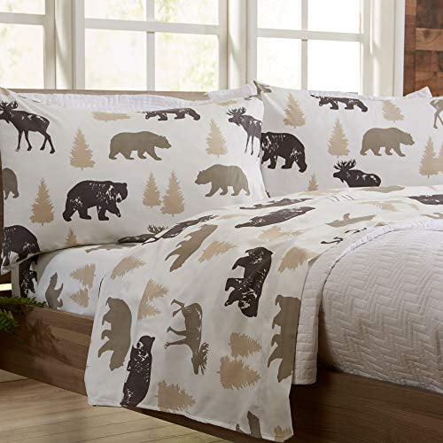 4-Piece Lodge Printed Ultra-Soft Microfiber Sheet Set. Beautiful Patterns Drawn from Nature, Comfortable, All-Season Bed Sheets. (Full, Bear)