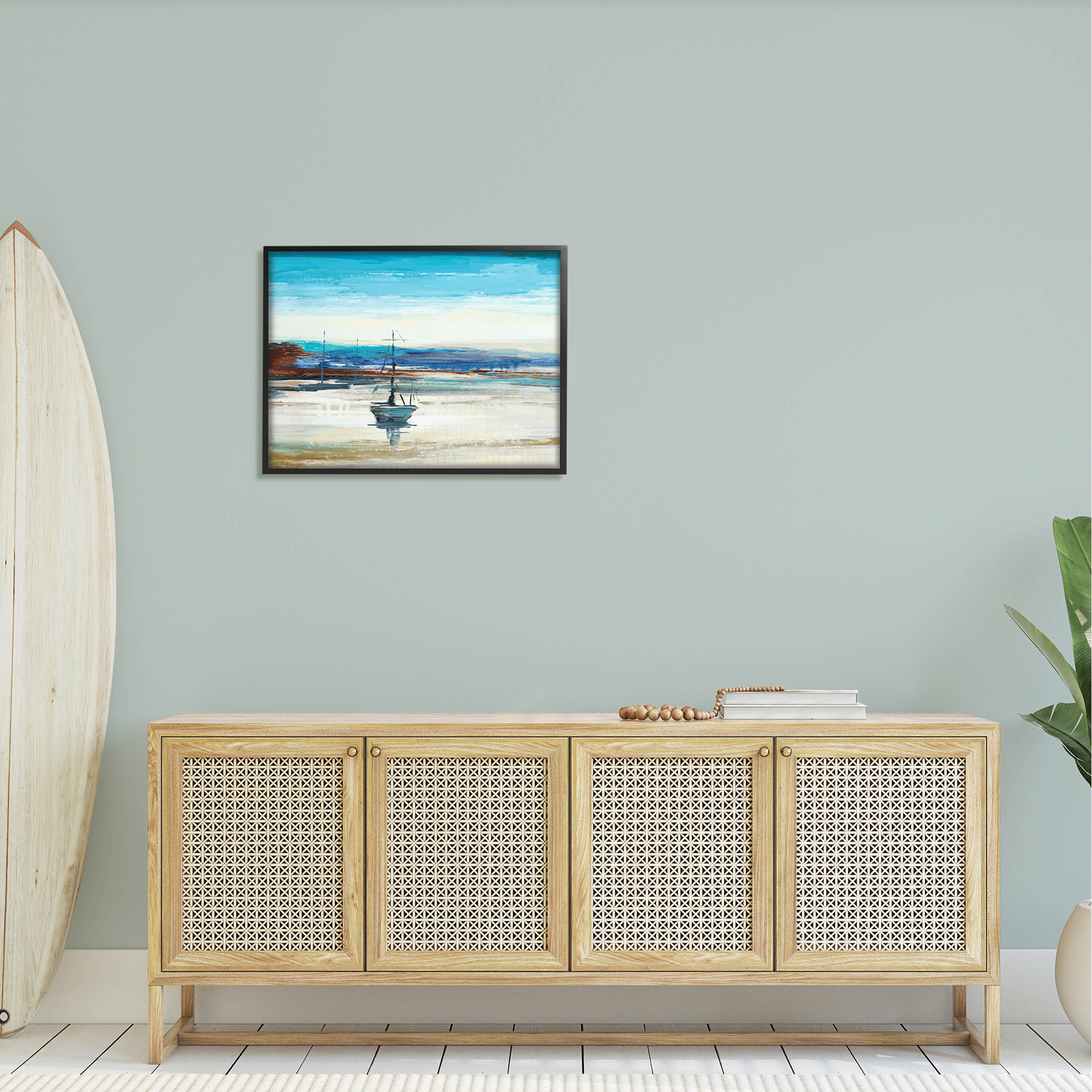 Abstract Boat Sea Reflection Coastal Painting Black Framed Art Print Wall Art