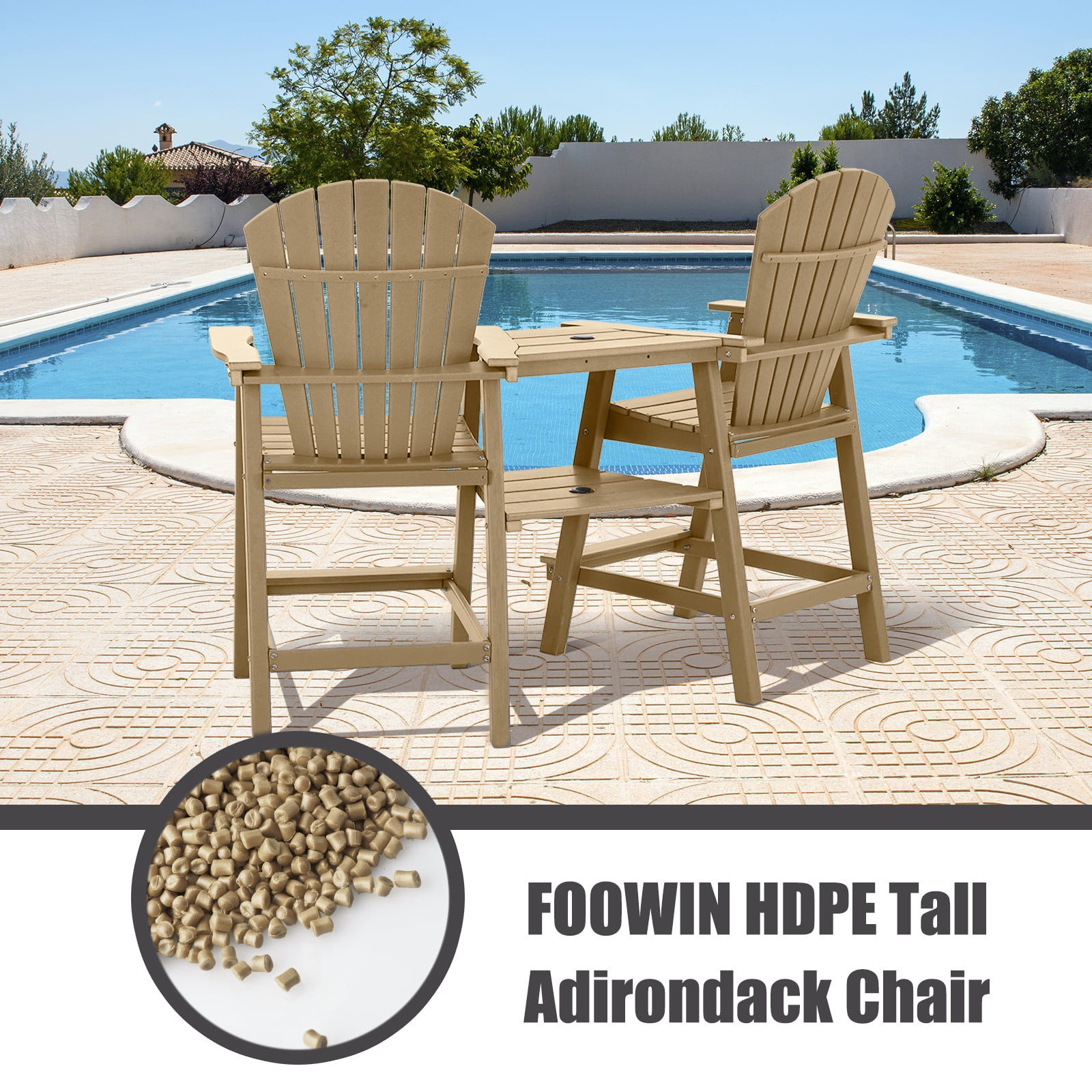 Tall Adirondack Chairs Set of 2，Outdoor Adirondack Barstools with Double Connecting Tray Patio Stools Weather Resistant for Outdoor Deck Lawn Pool Backyard, Brown