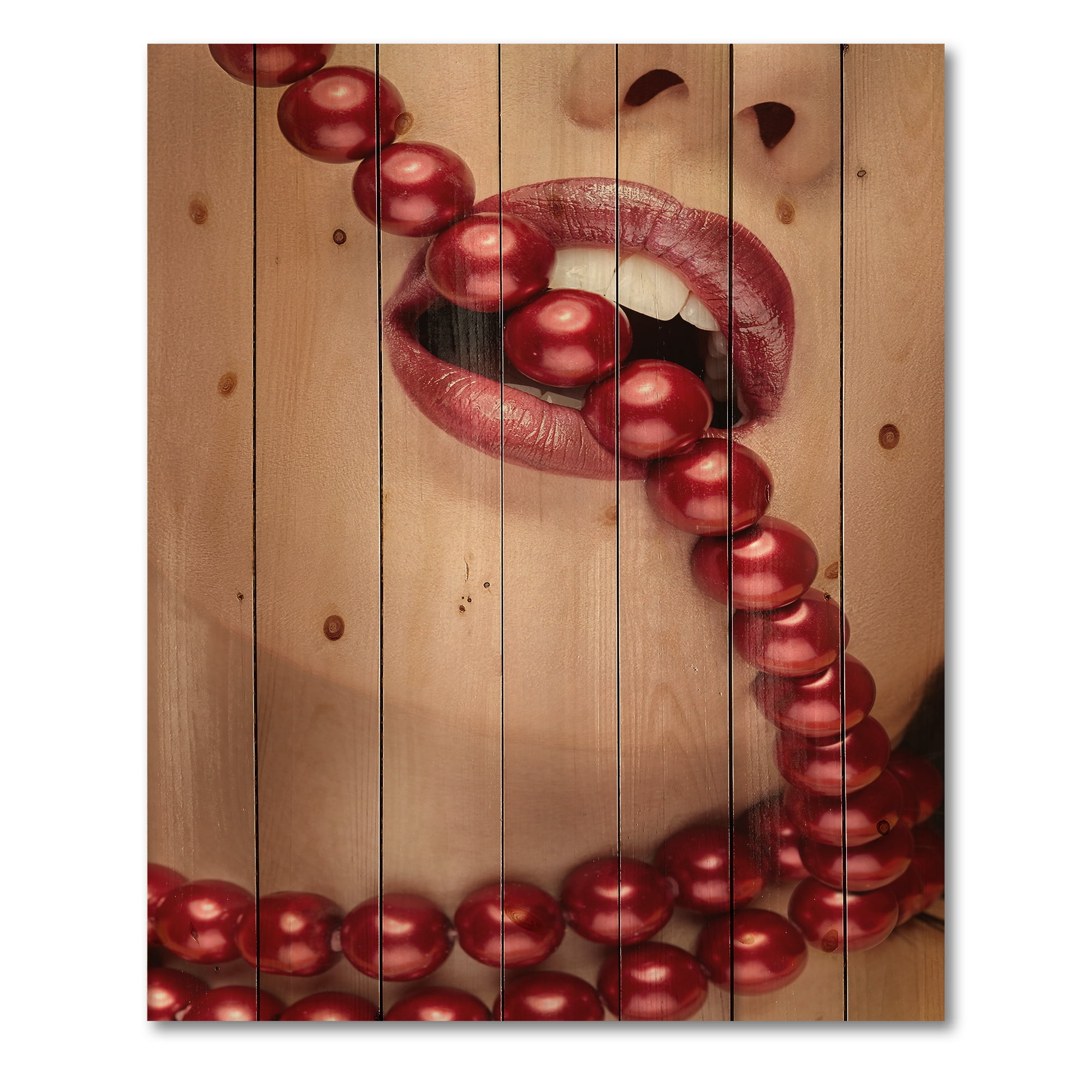 Designart 'Girl Mouth With Red Lipstick Biting Red Pearls' Modern Print on Natural Pine Wood