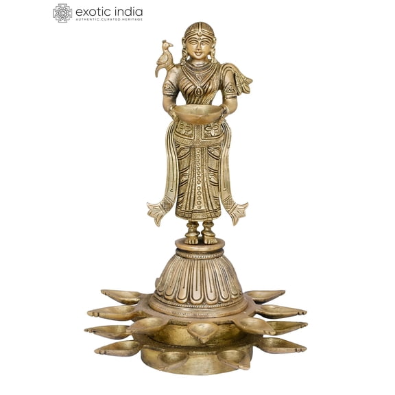 13 Inch Nineteen Wicks Deepalakshmi on High Pedestal Brass - Handmade Lamp Sculpture