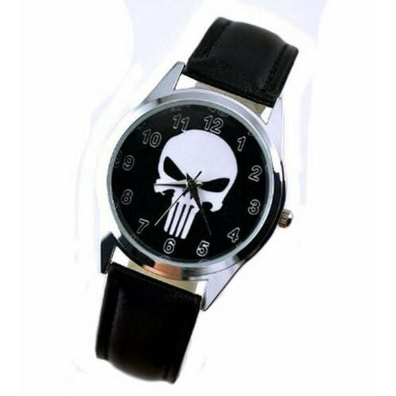 Punisher Round Logo Genuine Leather Band Wrist Watch