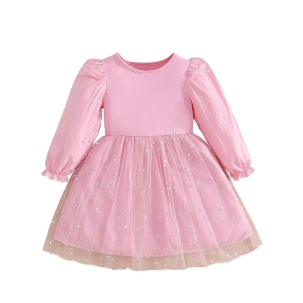 Vestido de cuello redondo y manga larga para niñas Vestido de cuello redondo y manga larga para niñas Falda de malla elegante Vestido de princesa elegante para niñas pequeñas Vestido de poliéster para