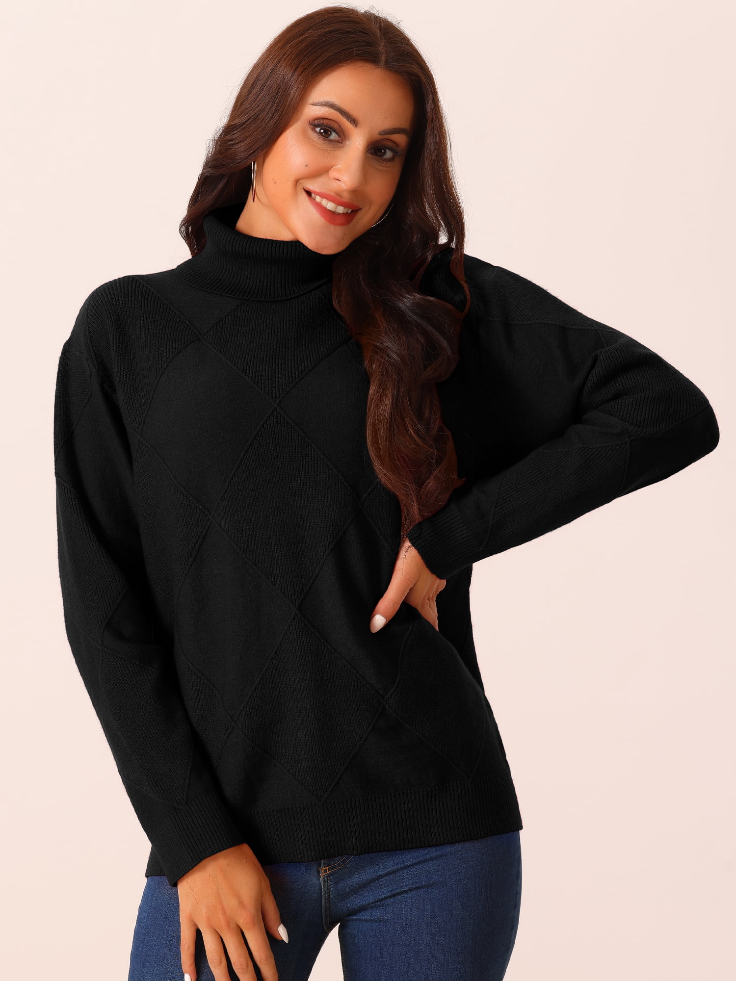 DARING DIVA Turtleneck Sweater Long Sleeve Knitted Pullover Basic S Black