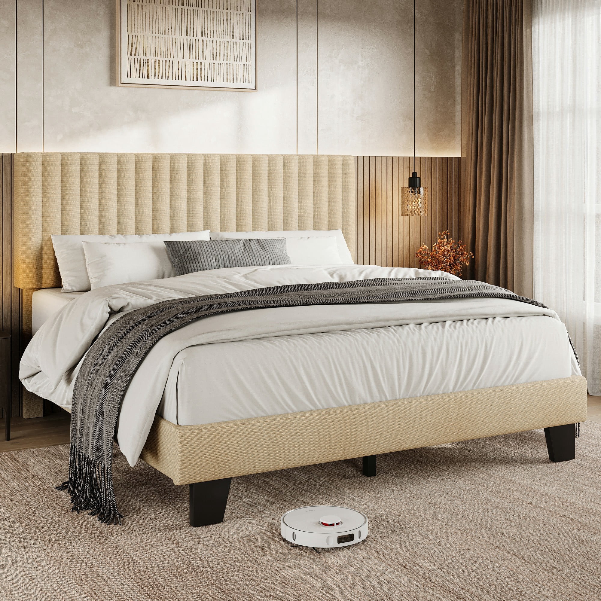 Virans Full Size Bed Frame, Upholstered Linen Platform Bed frame with Fabric Headboard,Solid Wood Slats Support,Noise Free,No Box Spring,Easy Assembly,Beige