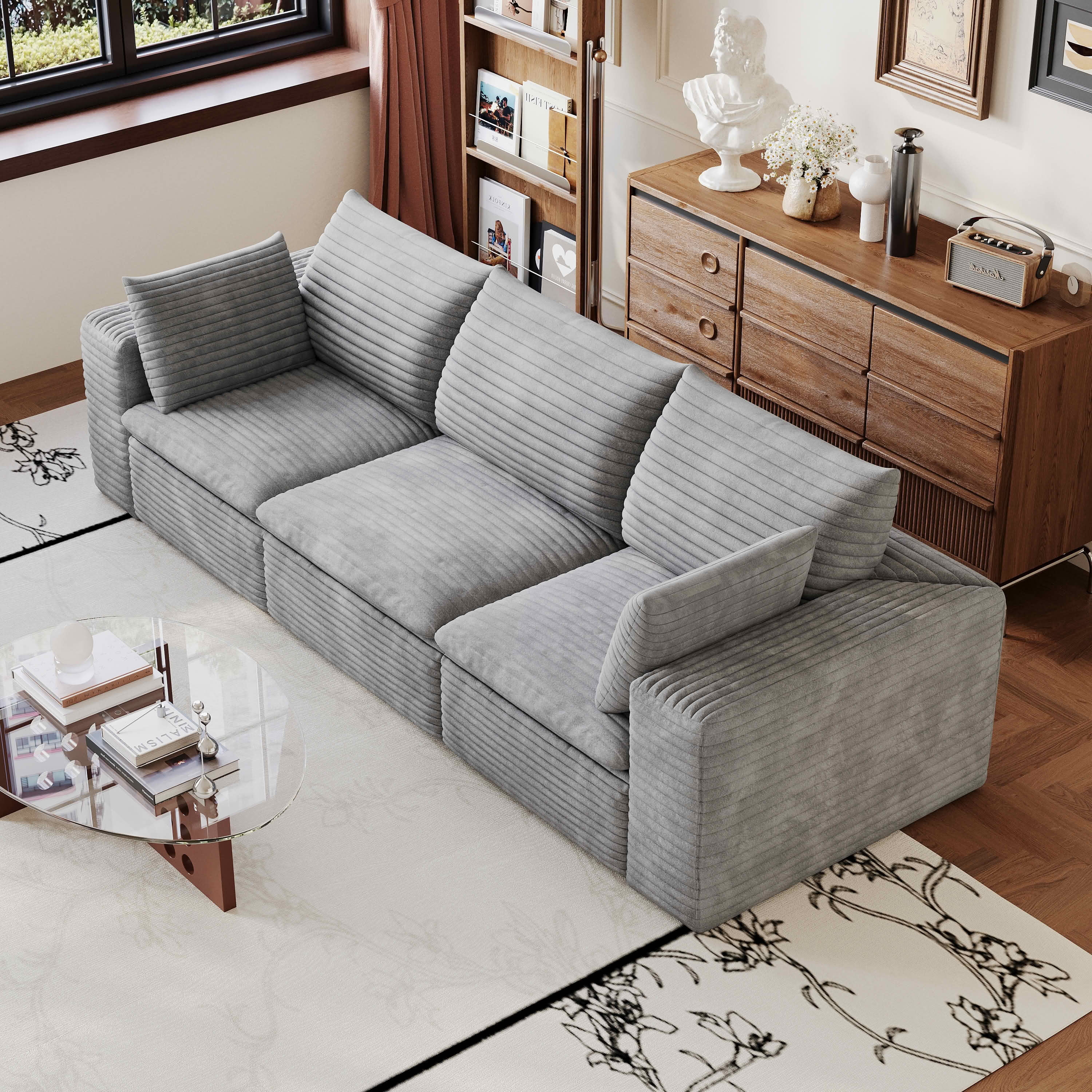 MAYEERTY 102.4 Inch Cloud Modular Sofa, Corduroy Deep‑Seat Couch with Double‑Layer Removable Cushions, No‑Assembly DIY Combination Sponge Sofa for Living Room Bedroom Conference Room Apartment
