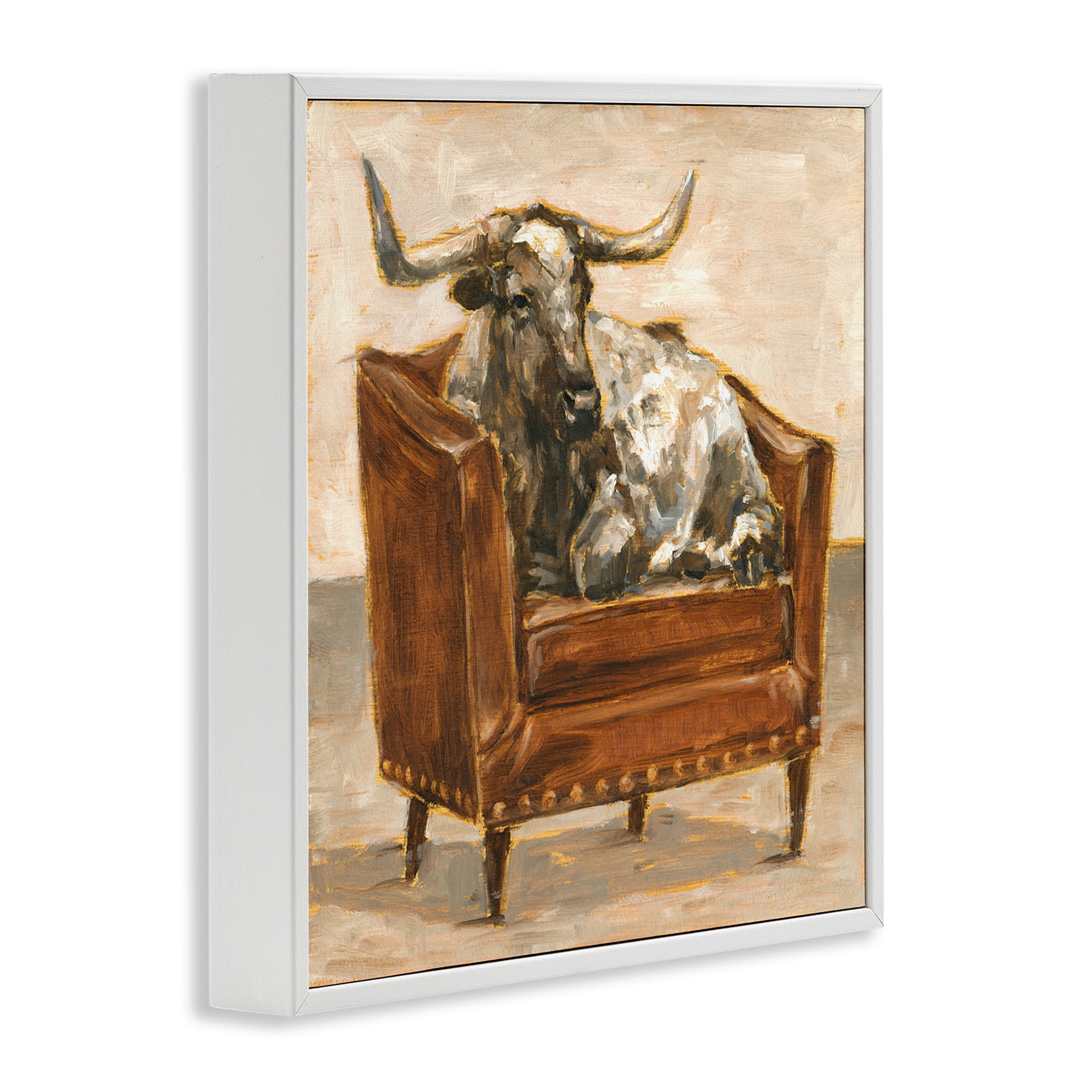 Stupell Industries Brown Bull Resting in Chair Painting Animals & Insects Painting White Framed Art Print Wall Art, 17 x 17