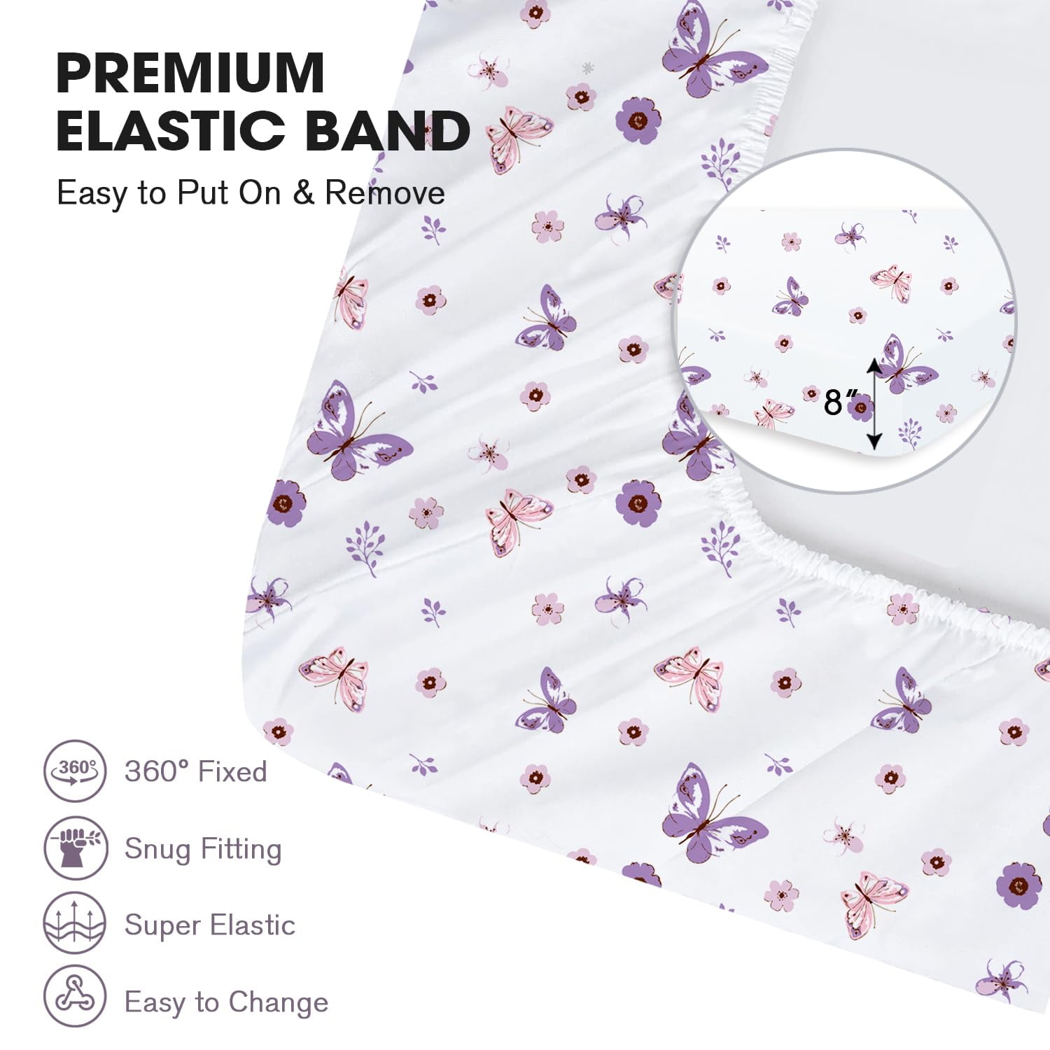 Little Grape Land Crib Sheets for Baby Girls 4 Pack, 28"x 52" Extra Soft Microfiber Crib Sheet Set for Standard Crib & Toddler Mattress Pad, Butterfly