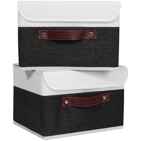 2PCS Storage Boxes with Lid Washable Decorative Storage Bins Basket with PU Leather Handle Foldable Linen Fabric Storage Cubes Containers for Home Closet Organizer - Black White Small Size
