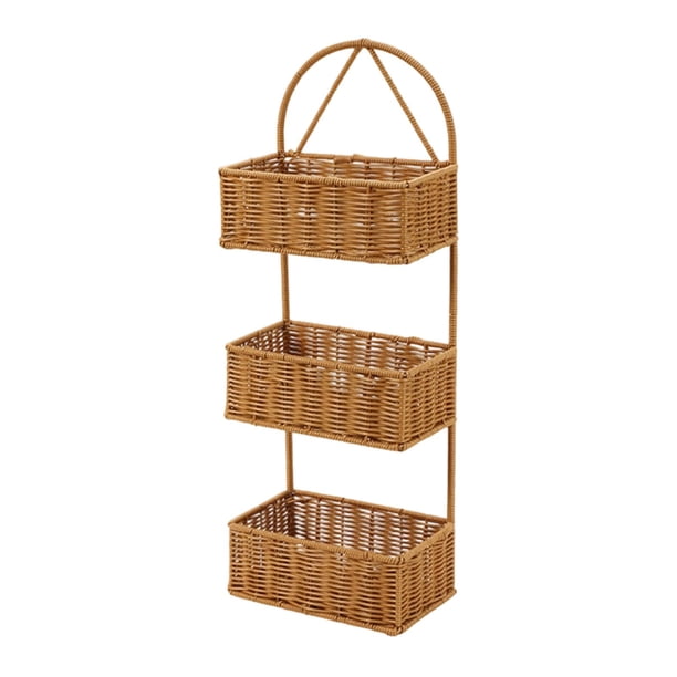 Cesta colgante tejida con asa, cesta organizadora decorativa de ratán para almacenamiento. Rectángulo de 3 capas