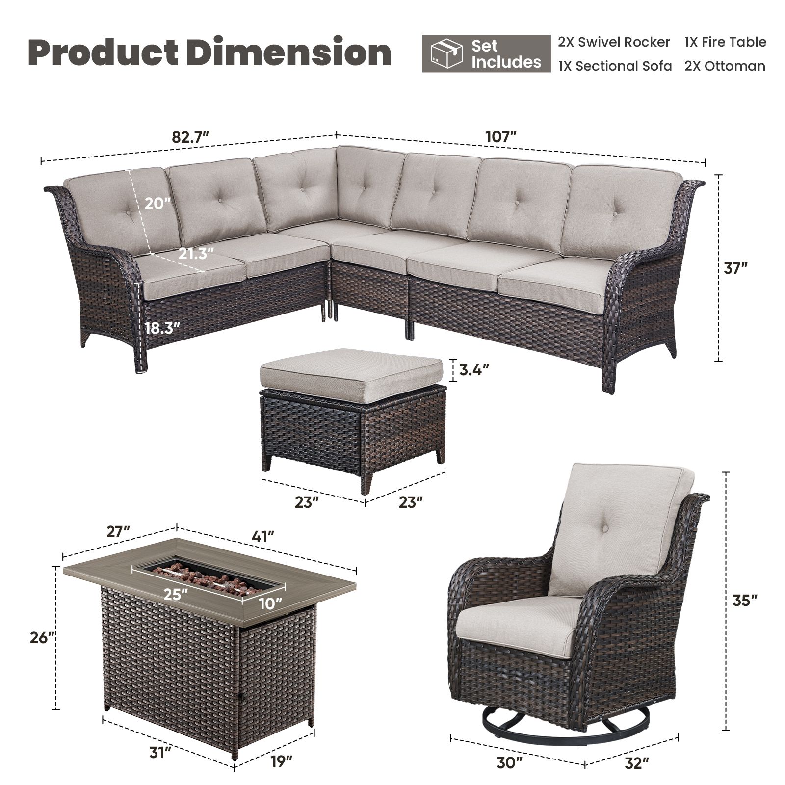 OPOHORO 6 Pieces Patio Conversation Set with 41" Fire Pit Table, Brown Wicker Rattan Furniture Set for Outside with Sectional Couch, Swivel Chairs, Ottmans and Rectangular Propane 41" Firepit - Beige