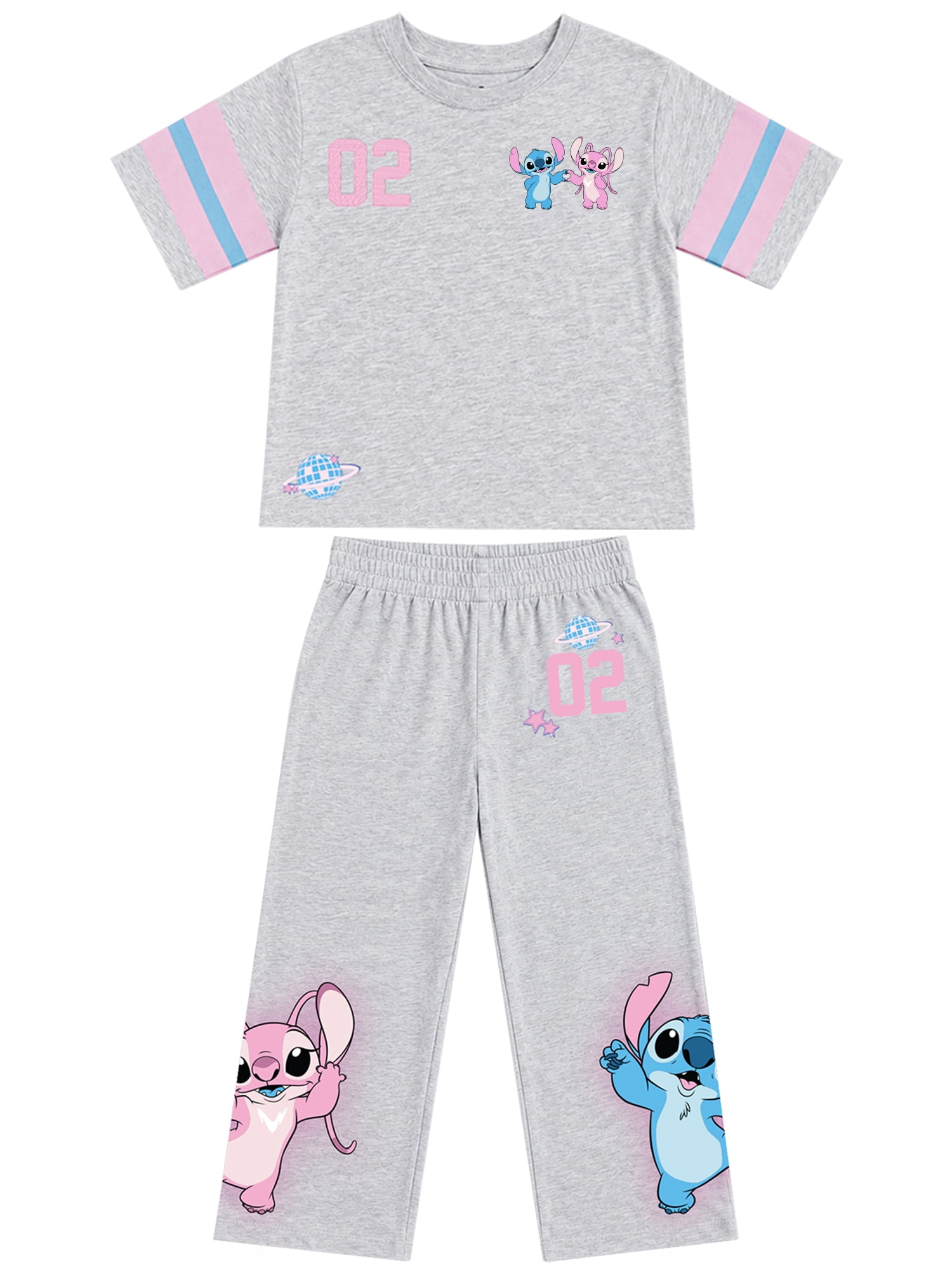 Stitch & Angel Girls' Athletic Front & Back T-shirt with Embroidery & Straight Leg Fleece Pants, 2-Piece, Sizes 4-16