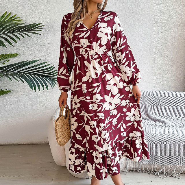 FcBaudy Robe à Manches Longues Col en V, Robes d'Été pour Femmes, Robes d'Hiver Décontractées Imprimées Taille Cintrée Robe à Manches Longues en Polyester pour Femmes