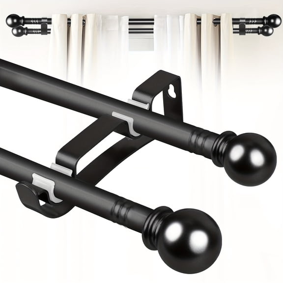 Double Rod Curtain Set 30 to 64 Inch,Double Curtain Rods for Windows with 2PCS Holder,Black Small Extra Long 5/8" Diameter Blackout Cortineros Dobles Para Ventanas for Bedroom,Living Room