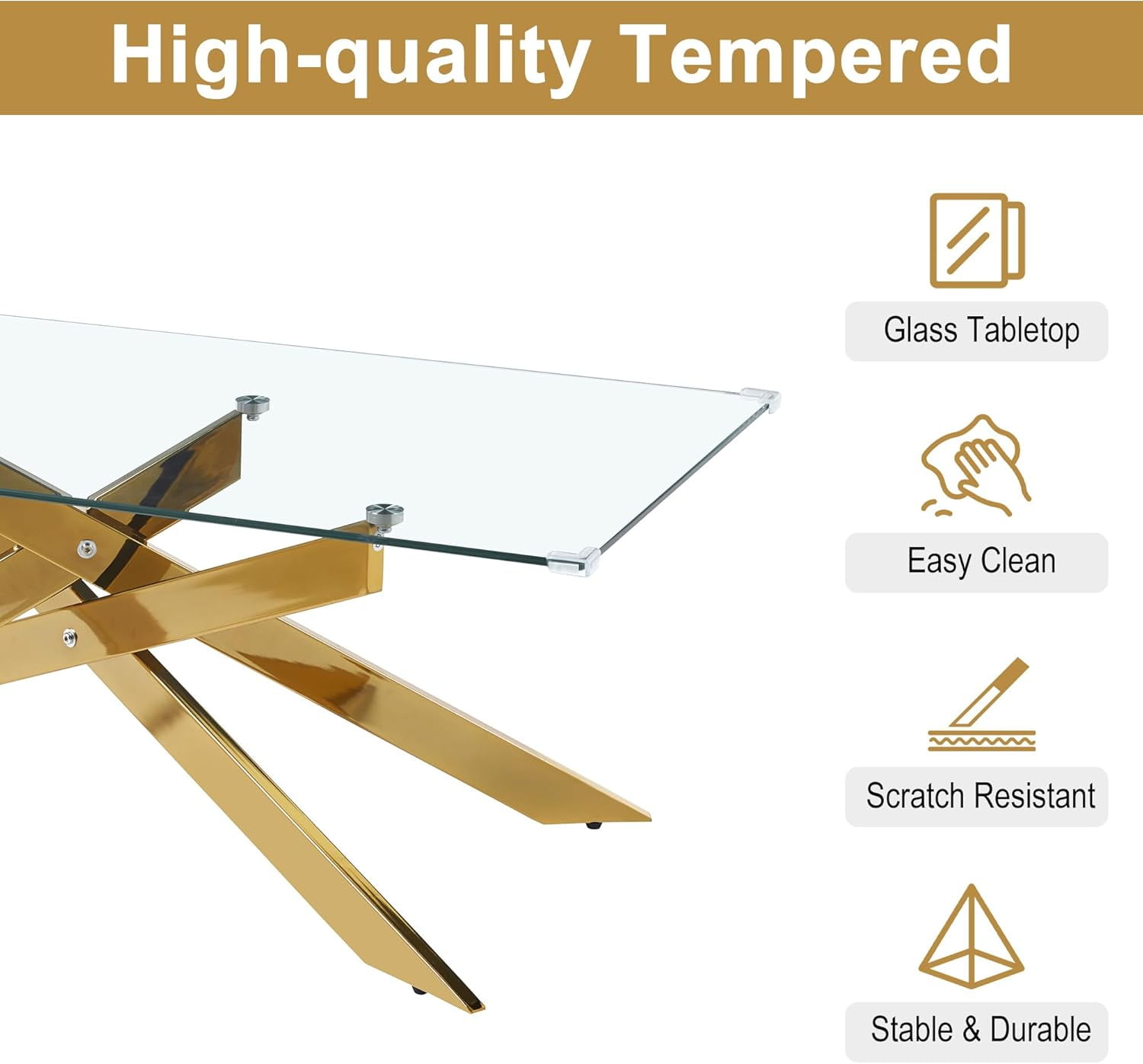 Rectangle Modern Coffee Glass Table, Tempered Glass Top and Gold Plated Metal Leg for Living Room Home Office