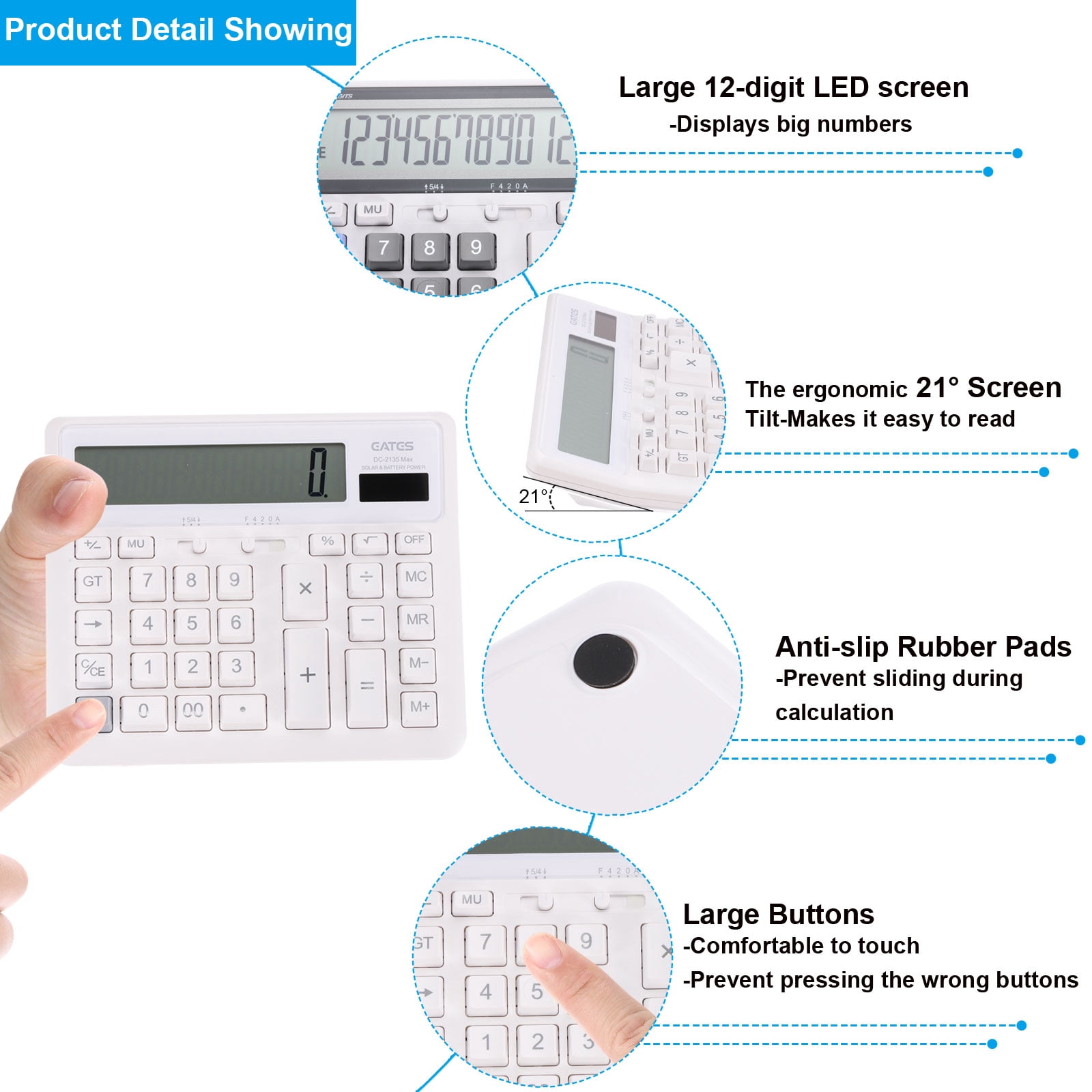 Uxcell Solar Battery Dual Powered 12 Digit Desk Calculator Electronic Calculator, White