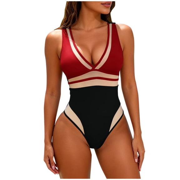 Monokini Swimsuit for Women's 2026 Trendy Contrast V-Neck Mesh Sheer High Waist Bikini Bathing Suit Beachwear
