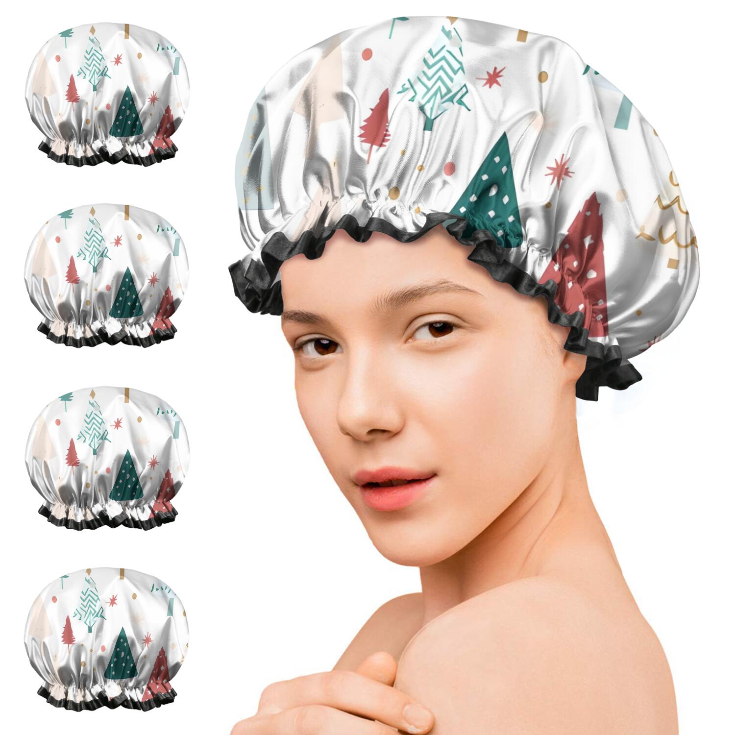 Shower Caps,White Christmas Tree Pattern Waterproof Shower Cap for Women 4 Pieces,Double Reusable Hair Cover for Shower PEVA Elastic Stretch Hem