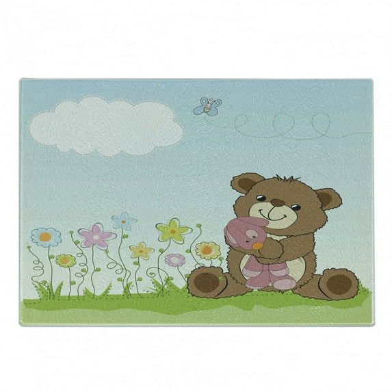 Flower Cutting Board, Cartoon Style Teddy Bear with Toy in Meadow Swirled Flowers Butterfly and Cloud, Decorative Tempered Glass Cutting and Serving Board, Small Size, Multicolor, by Ambesonne