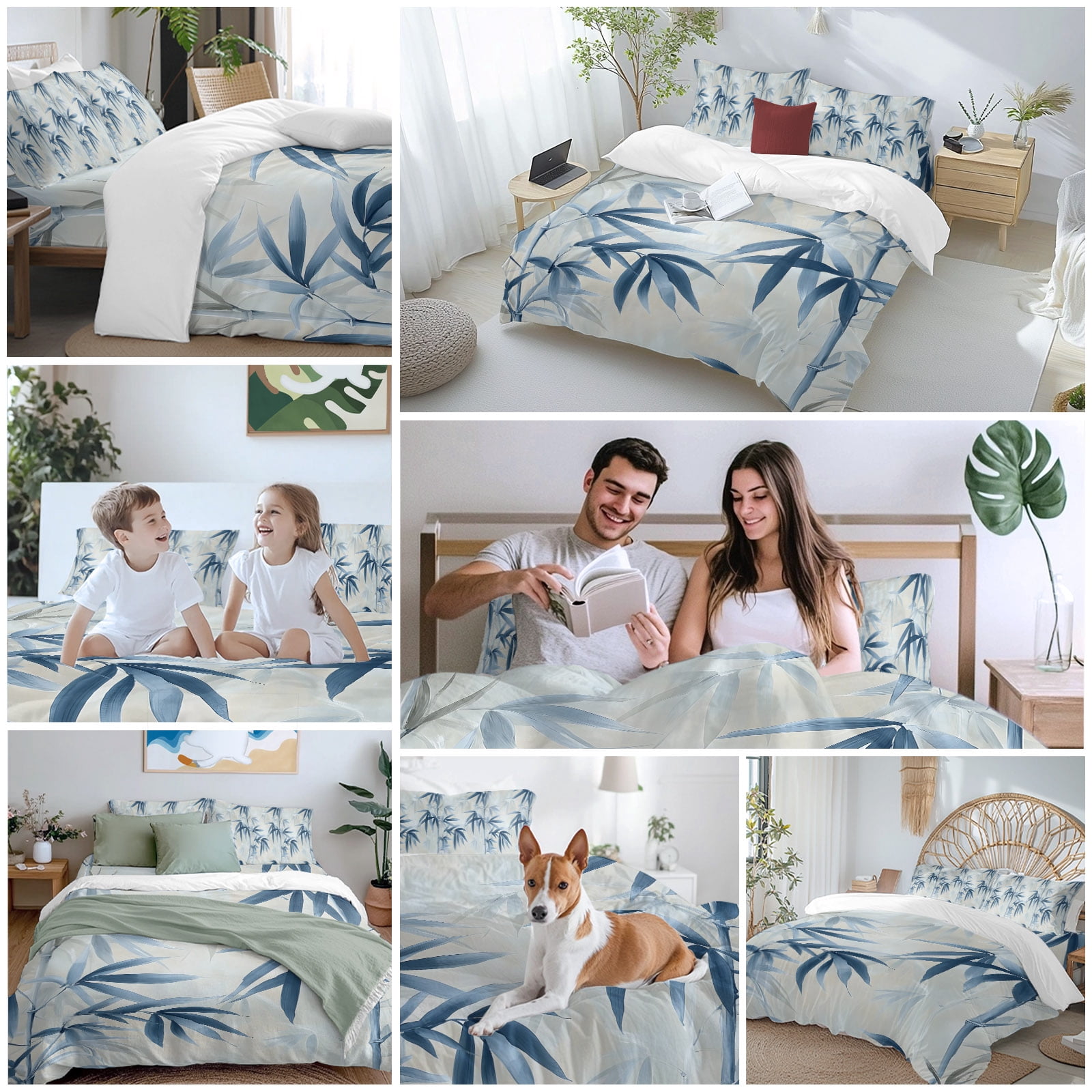 Bamboos Leaf Queen Duvet Cover Set, Blue Green Leaf Watercolor Modernism 4 Piece Microfiber Bedding Set with Zipper Closure, Bed Sheet and 2 Pillow Shams, Soft Bedding Cover