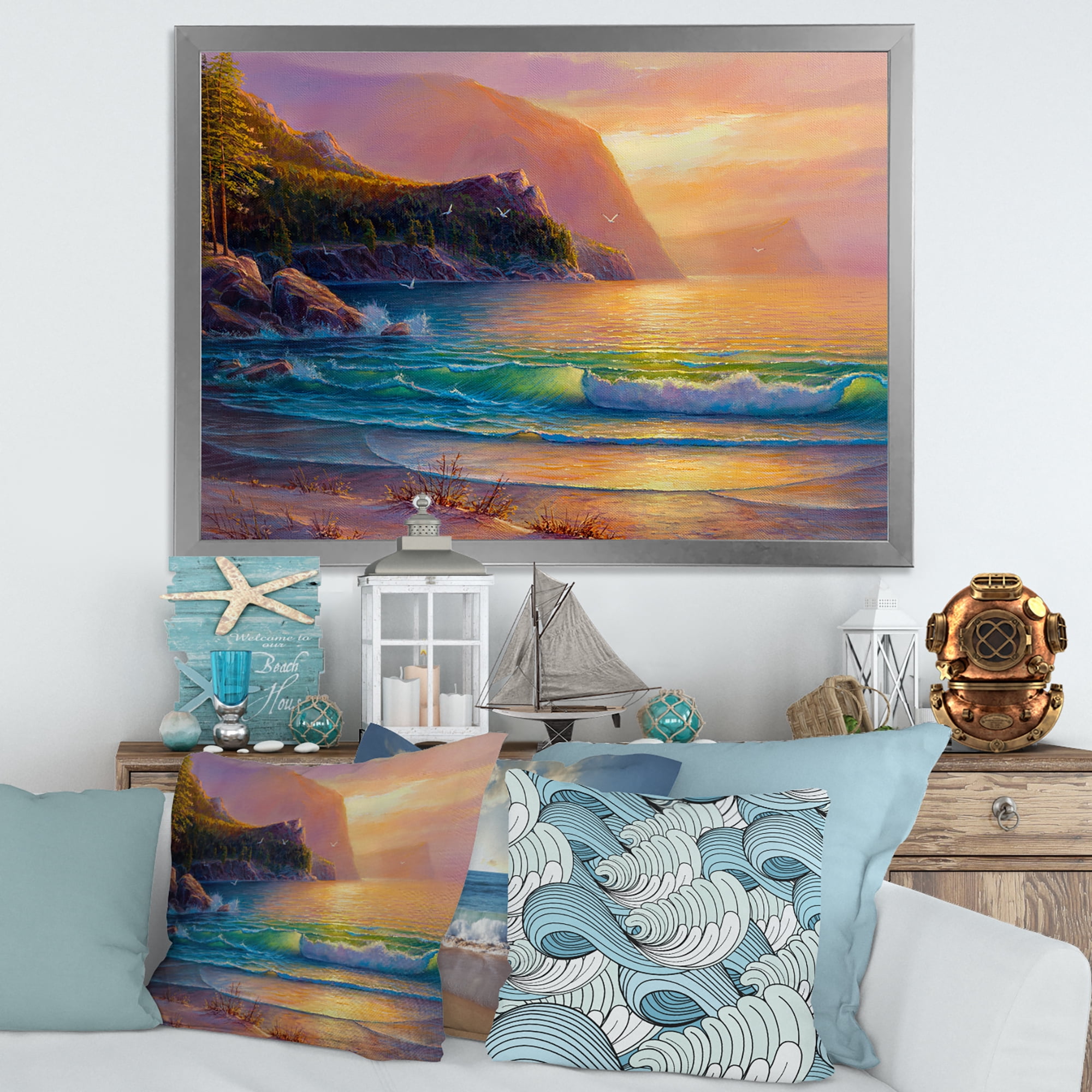 Romantic Beach During Warm Evening 20 in x 12 in Framed Painting Canvas Art Print, by Designart