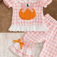 thumbnail image 3 of HCNTES Baby Girl Clothes Baby Toddler Girl Halloween Outfits 6 12 18 24 Month 2T 3T 4T Short Sleeve Round Neck Plaid Pumpkin Embroidered Tops and Flared Pants Clothes Set, 3 of 4