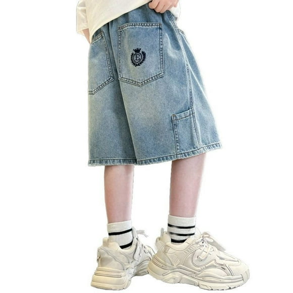 XASZHN Boy Baggy Jorts High Waisted Wide Leg Loose Denim Jean Shorts Cute Casual Y2k 2025 Trendy Summer Shorts with Pockets Blue_001 130