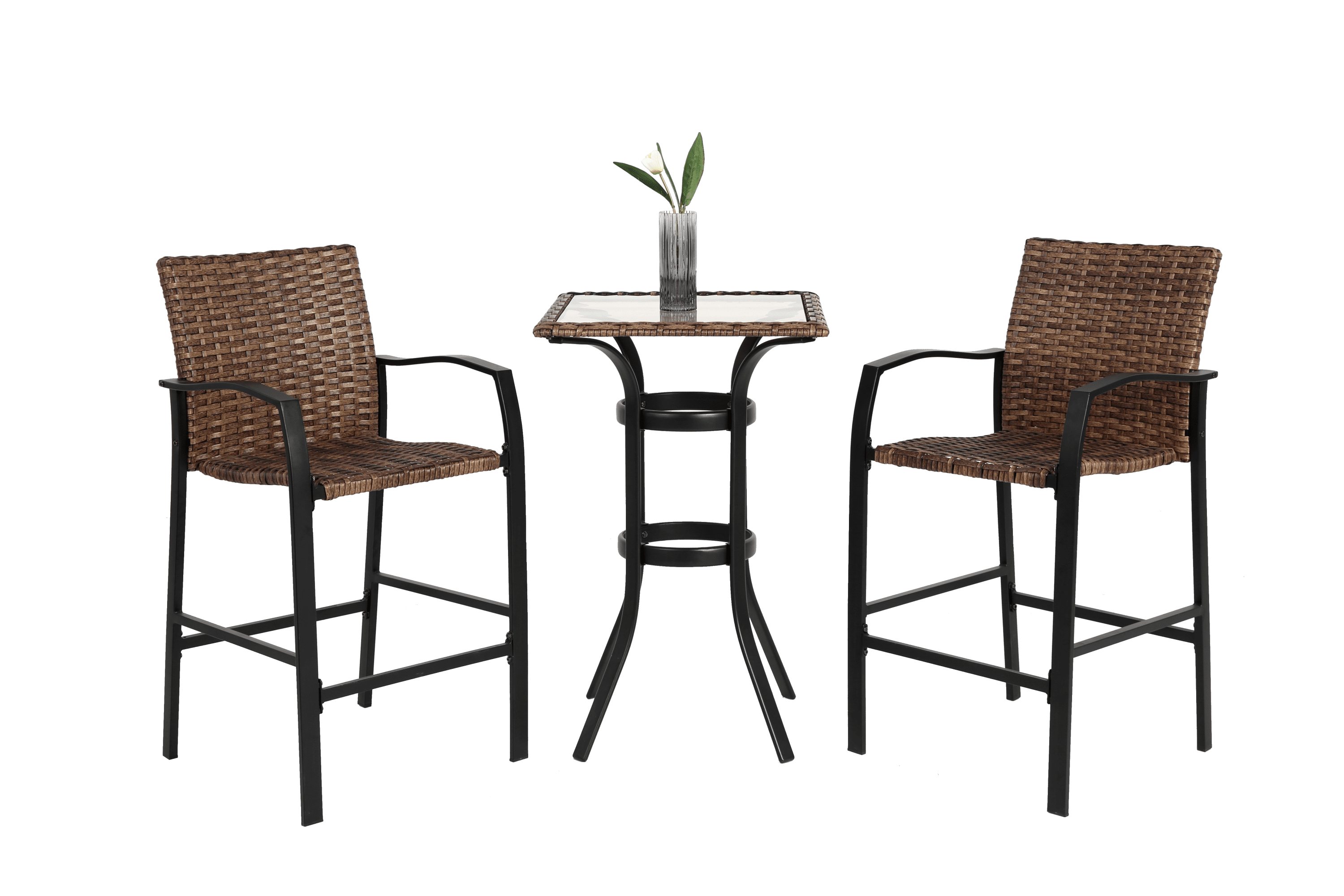 MOONMISS 3-Pieces Outdoor Rattan Bar Stools Set with Glass Top Table for Backyard, Garden, Pool