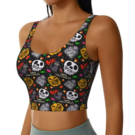 Picia Pumpkin And Flying Bat Sports Bra for Women Padded Strappy Sports Bras Medium Support Yoga Bra with Removable Cups Running Yoga Bra-Small
