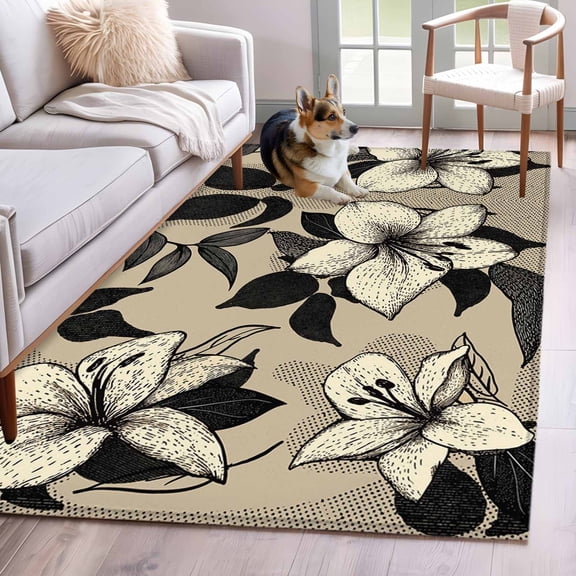 Area Rug for Living Room, Black Floral Non-Slip Indoor Large Carpet for Bedroom/Dining Room, Vintage Khaki Floral Retrp Plant Leaf Washable Low-Profile Rectangle Floor Mat Runner Rugs - 2.7 x 5 Ft