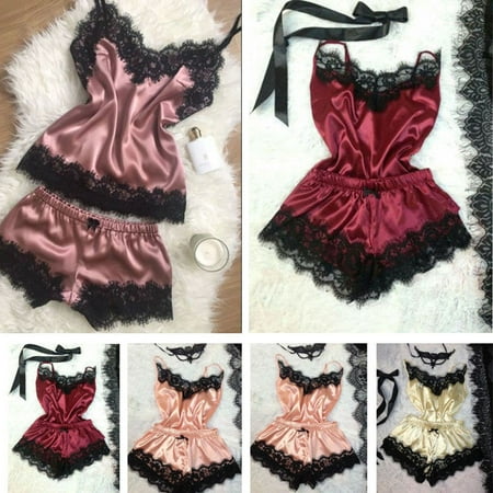 - US 2pcs Women Sexy Satin Lace Sleepwear Babydoll Lingerie Nightdress Pajamas Set