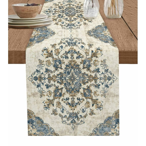 Blue Boho Burlap Cotton Table Runner 14x72 Inches Long, Ethnic Southwestern Geometric Vintage Farmhouse Table Runners, Outdoor Dining Tablecloths Decor for Baby Shower/Party/Wedding