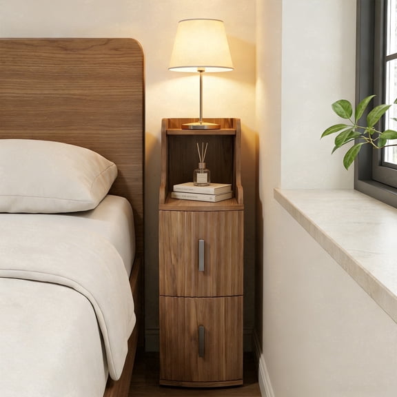 Fluted Narrow Nightstand with 2 Drawers,Slim Wooden Bedside Table for Bedroom,Walnut