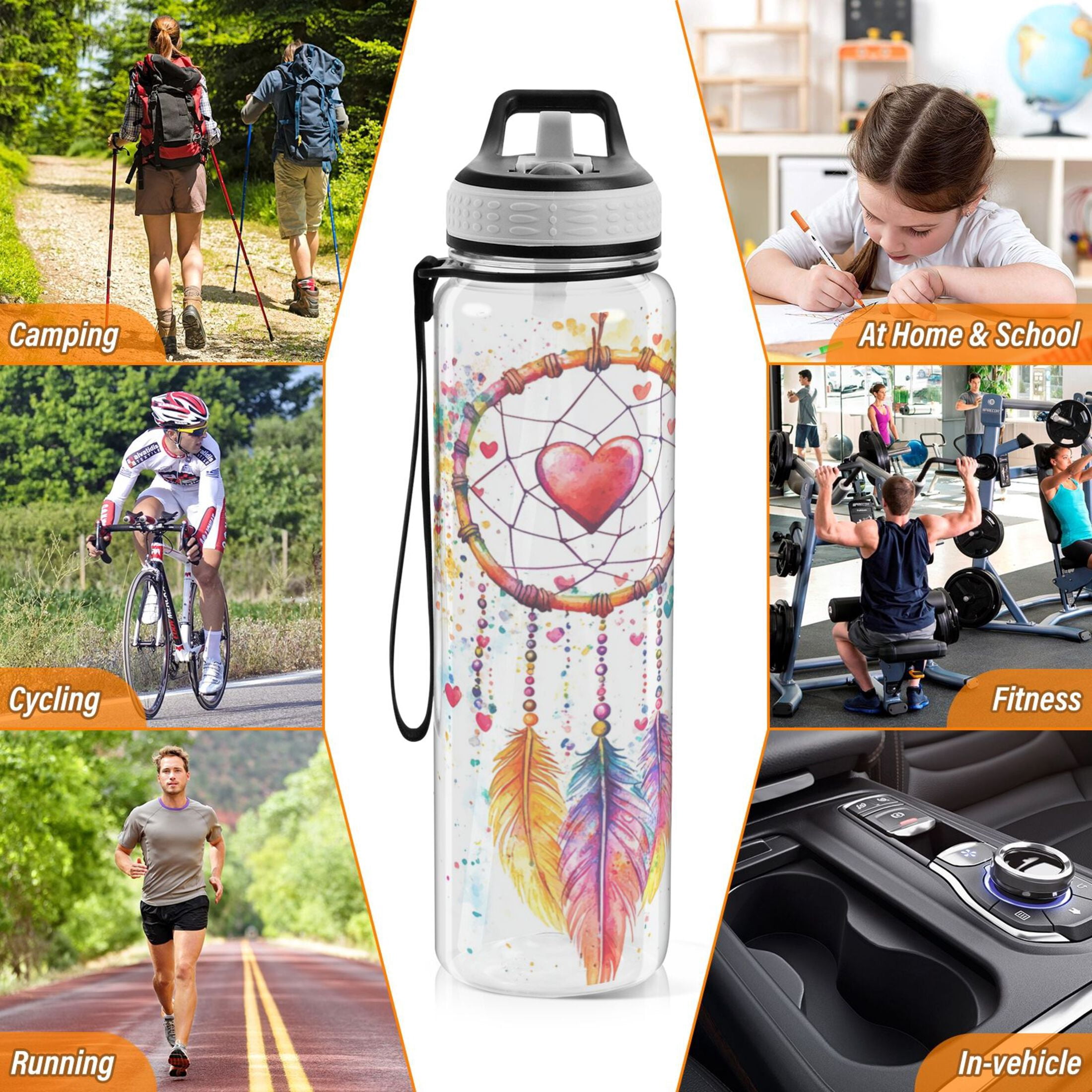 Motivational Water Bottle 32 oz with Straw, BPA Free Reusable Fitness Sport Bottle Perfect for Travel, School, Outdoors, and Gym Dreamcatcher