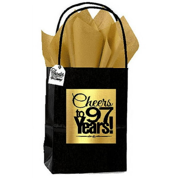 Black & Gold 97th Birthday / Anniversary Cheers Themed Small Party Favor Gift Bags with Tags -12pack