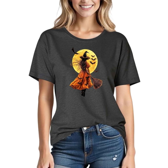 Mifsaly Womens Halloween T-Shirts Witch with Broom and Glowing Full Moon Print Crewneck Short Sleeve Tops Fall Festival Party Casual Shirts Black,XL
