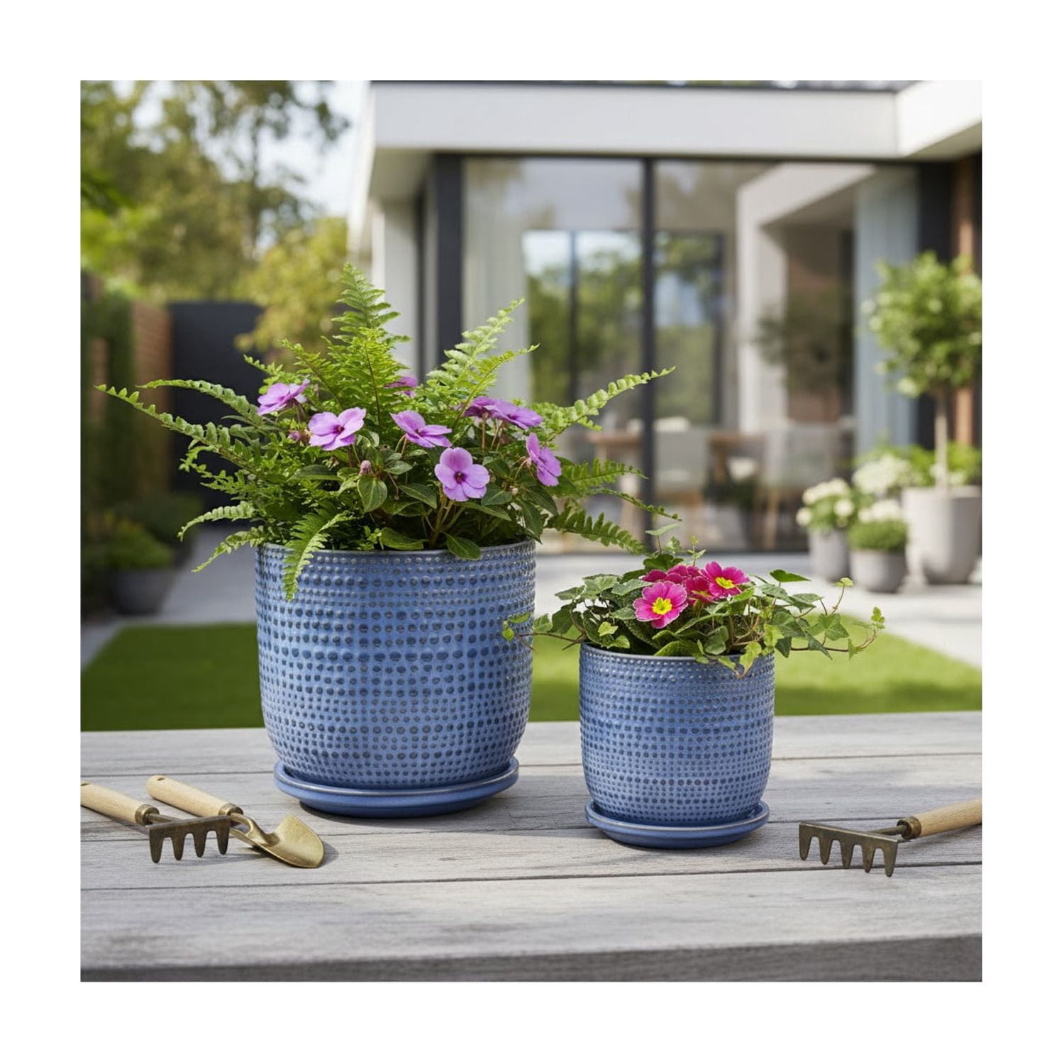 Decorative Ceramic Flower Pots Planters with Saucer - Stylish Modern Indoor and Outdoor Plant Pots for Home Decor - Pots for Plants for Living Room, Patio Plant Stand - Set of 2, 7", 6", Blue