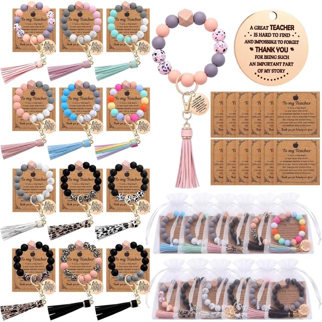 12 Set Teacher Appreciation Gifts Bulk Silicone Beaded Wristlet Keychain with Tassel Pendant Stretchy Bead Wristlet Keychain Teacher Appreciation Week Graduation Thank You Gifts