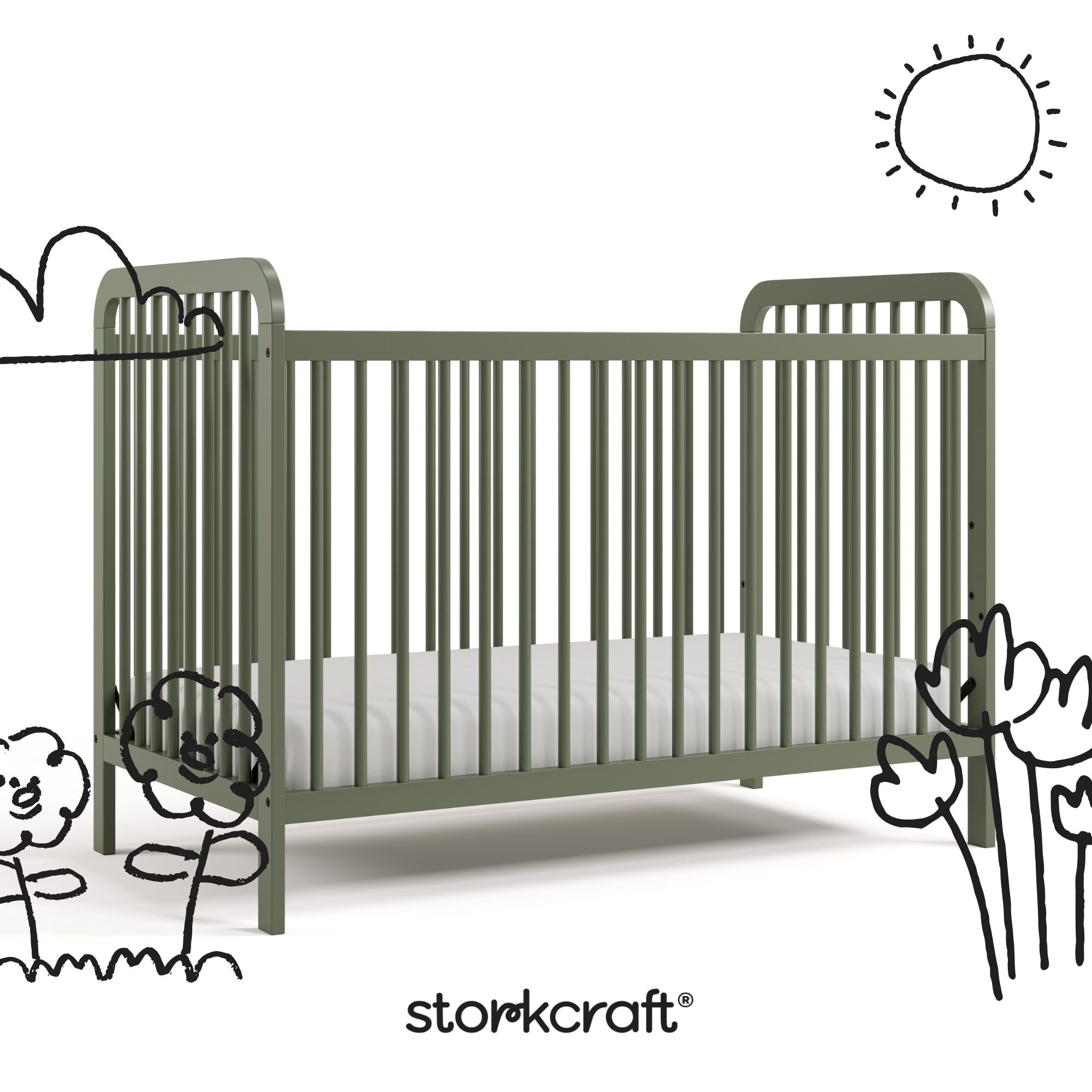 Storkcraft Pasadena 3-in-1 Convertible Crib – GREENGUARD Gold Certified, 100% Solid Wood, Fits Standard Crib Mattress, Converts to Toddler Bed and Daybed, 4 Mattress Heights   Olive