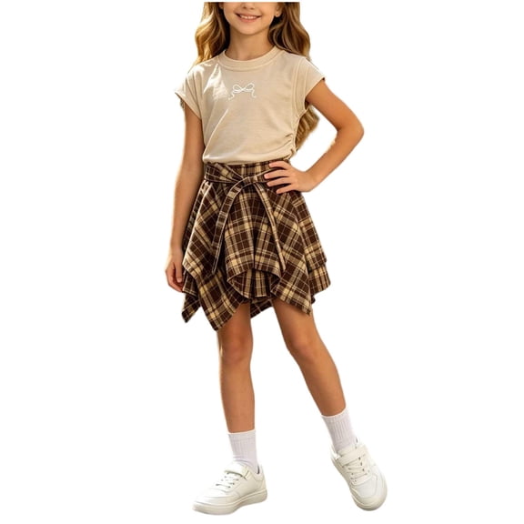 ATOGUTA Girls Matching Skirt Set Ruffle T-Shirt Pleated Skirt Tween Girl Trendy Summer Outfit Kid Clothing Se Size 1T-12, Khaki