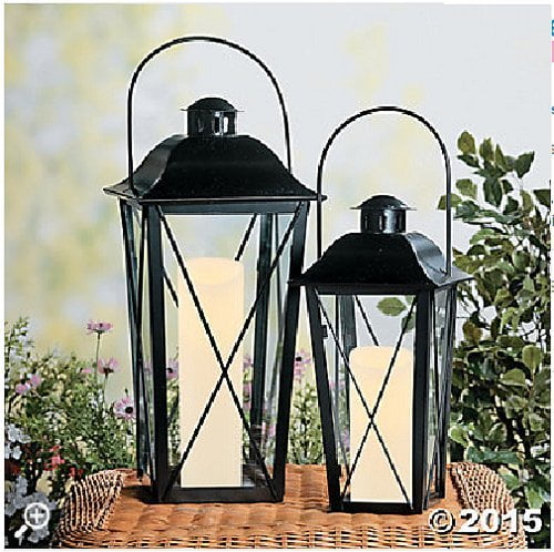 Remote & Batteries Included Large Glass Flameless Candle Lanterns Set of 2 Indoor/Outdoor Use Black Metal Finish Warm White LEDs 14.5 Height Fall-Ready Decor