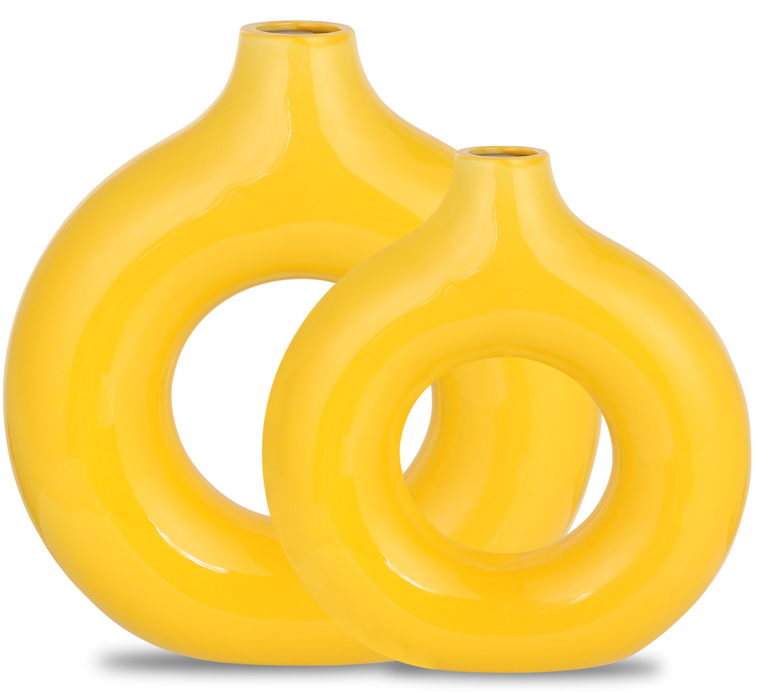 SANFERGE Donut Vase Set of 2, Glossy Yellow Circle Hollow Ceramic Vase