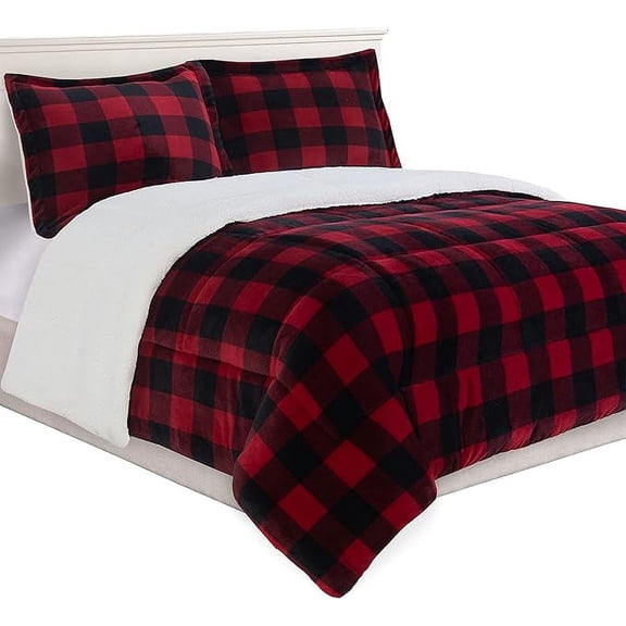 Elegant Comfort 3-Piece Buffalo Lodge-Plaid Comforter Set, Luxurious, Heavyweight, All Season, Micromink Sherpa-Backing Reversible Micro-Suede, Soft and Plush, King, Burgundy/Black
